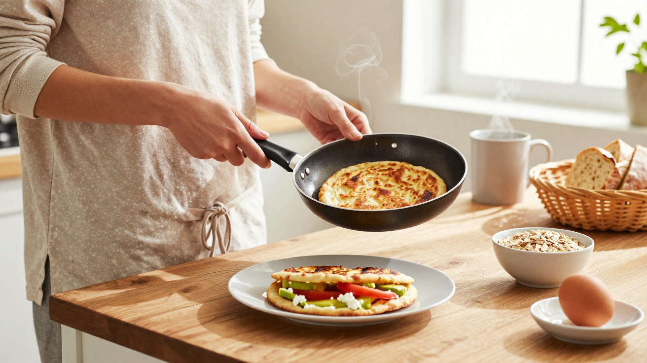 Person hebt fertigen Pfannkuchen aus Pfanne, Teller mit zweitem Pfannkuchen, Frühstückszutaten auf Holztisch.