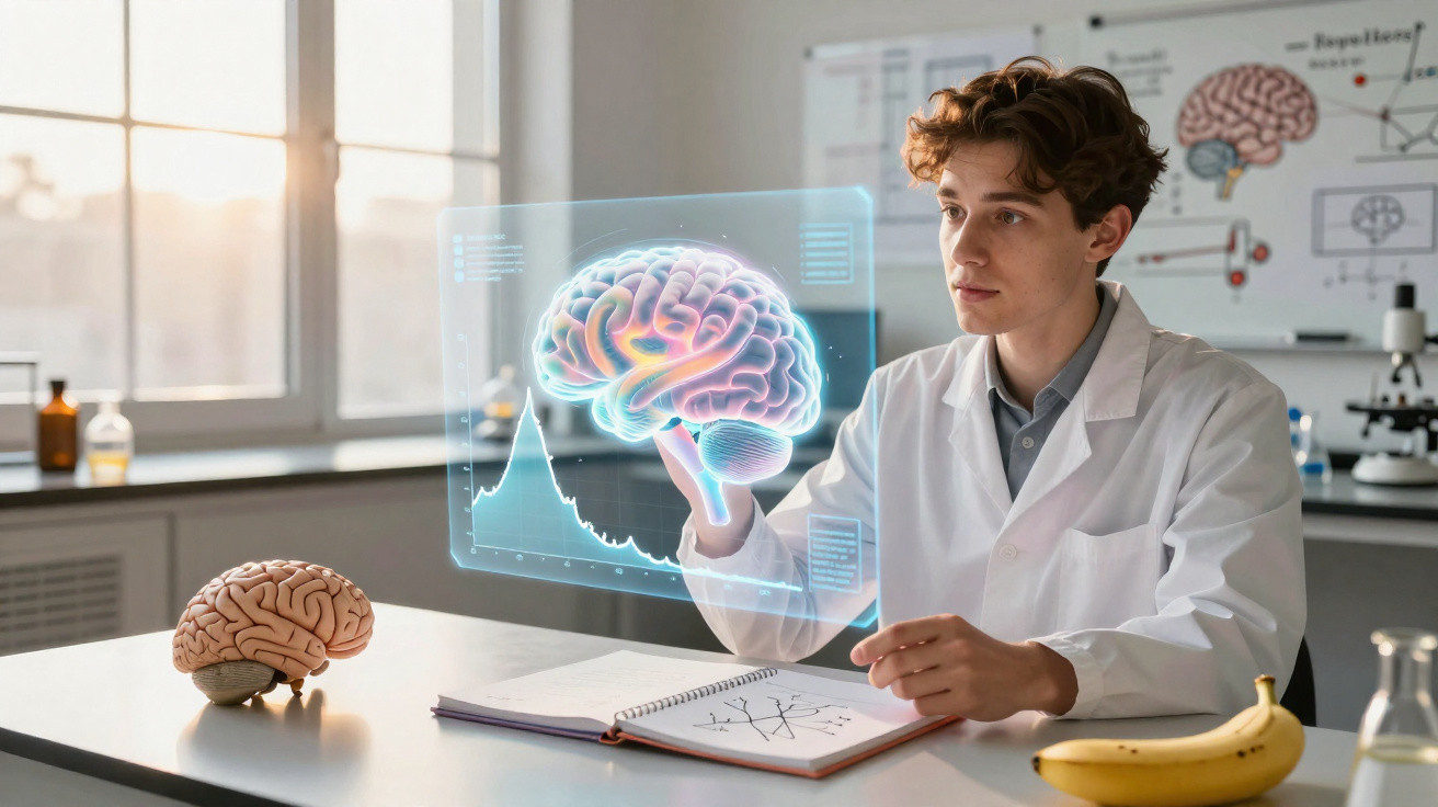 Junger Wissenschaftler im Labor analysiert virtuelles 3D-Modell eines Gehirns neben Notizbuch und Bananen.