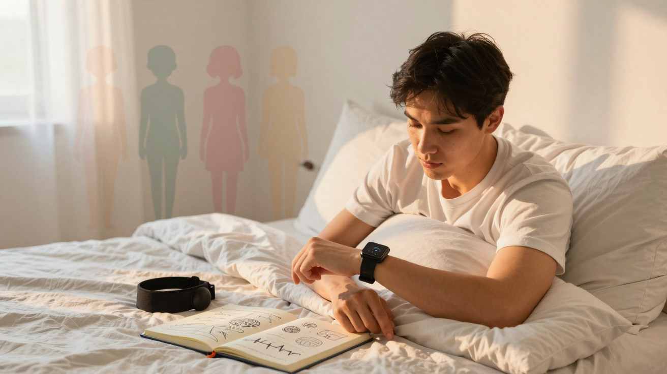 Junger Mann im Bett liest ein Buch mit psychologischen Symbolen, Geisterfiguren im Hintergrund an der Wand.