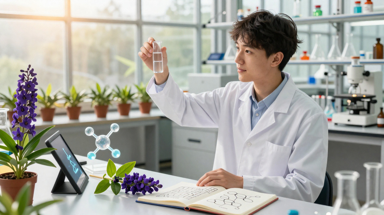 Junger Wissenschaftler im Labor untersucht transparente Flüssigkeit in Reagenzglas mit Pflanzen und Modellen auf Tisch.