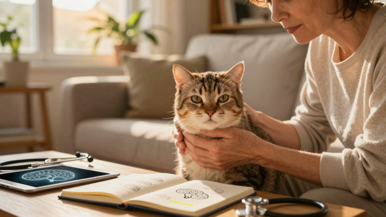 Frau hält eine Katze auf dem Schoß neben einem offenem Buch und Tablet mit Gehirnbild im Wohnzimmer.
