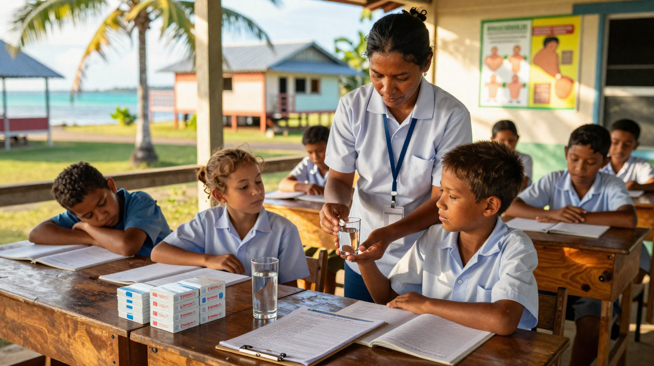 Lehrerin zeigt Schülern in offenem Klassenzimmer ein Glas Wasser, Kinder sitzen an Holztischen mit Schulmaterial.