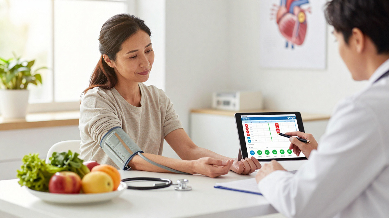 Ärztin misst bei Patientin am Arm den Blutdruck, Tablet zeigt Messwerte, Obstschale und Stethoskop auf Tisch.
