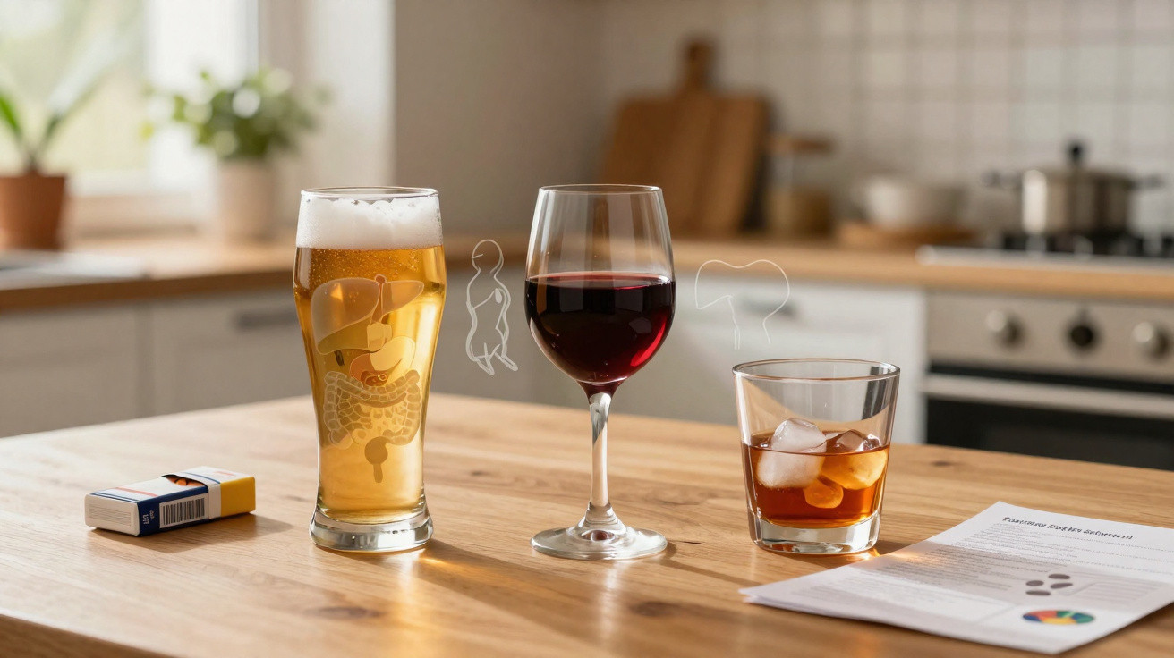 Drei verschiedene alkoholische Getränke auf einem Holztisch in der Küche, neben einer Zigarettenschachtel und einem Informati