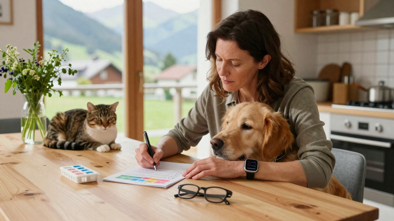 Frau arbeitet am Tisch mit Hund neben sich und Katze, Küchenfenster mit Bergblick im Hintergrund.