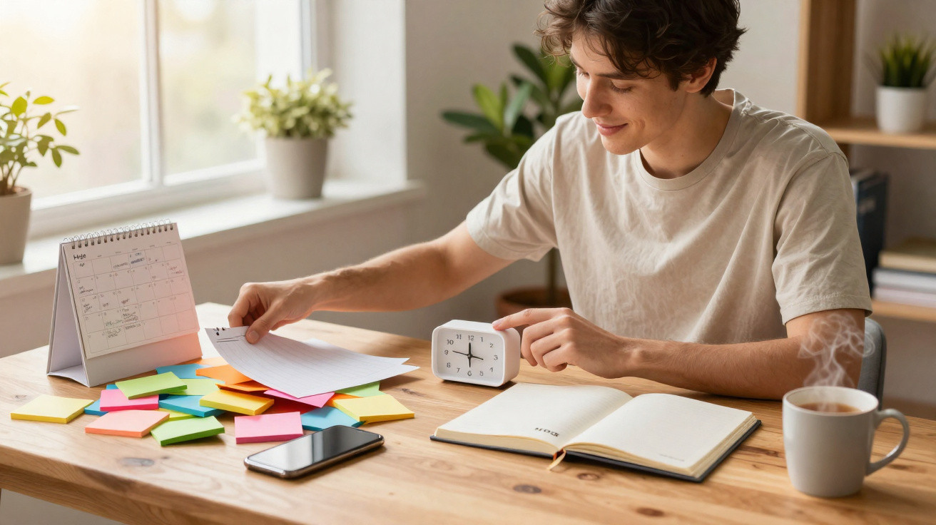 Junger Mann sitzt am Schreibtisch mit Kalender, Farbnotizen, Wecker, Smartphone und dampfender Tasse Kaffee.