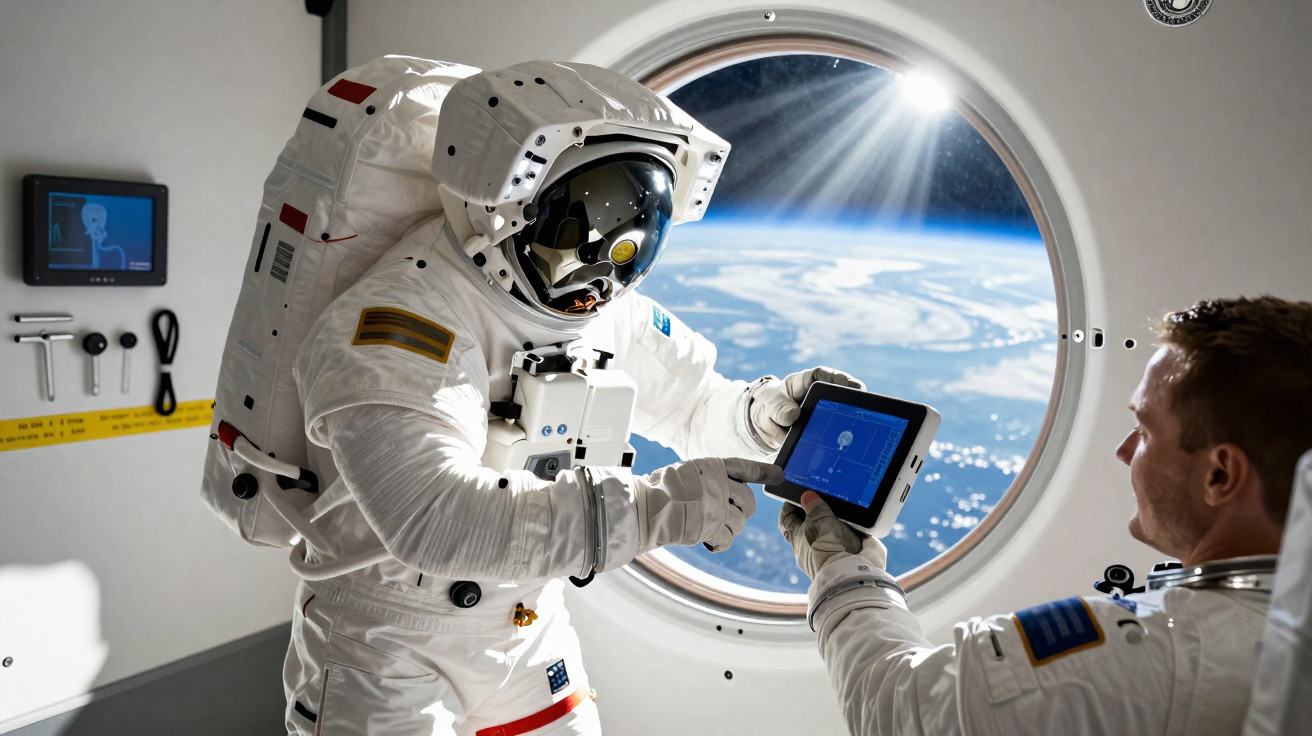 Astronaut im Raumanzug zeigt einem anderen Astronauten ein Tablet vor einem Fenster mit Blick auf die Erde.