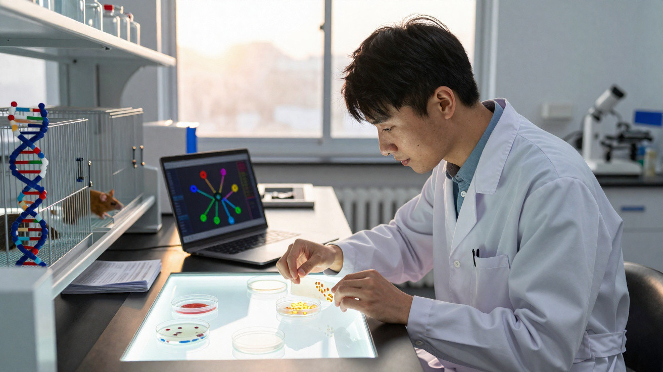 Wissenschaftler in weißem Kittel analysiert Proben auf einem beleuchteten Tisch im Labor mit Laptop und DNA-Modell.