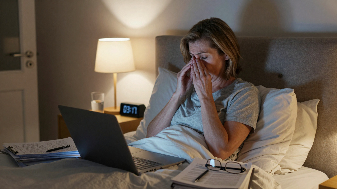 Frau sitzt im Bett mit Laptop, reibt sich müde die Augen, umgeben von Papieren, Uhr zeigt 3:17 Uhr.