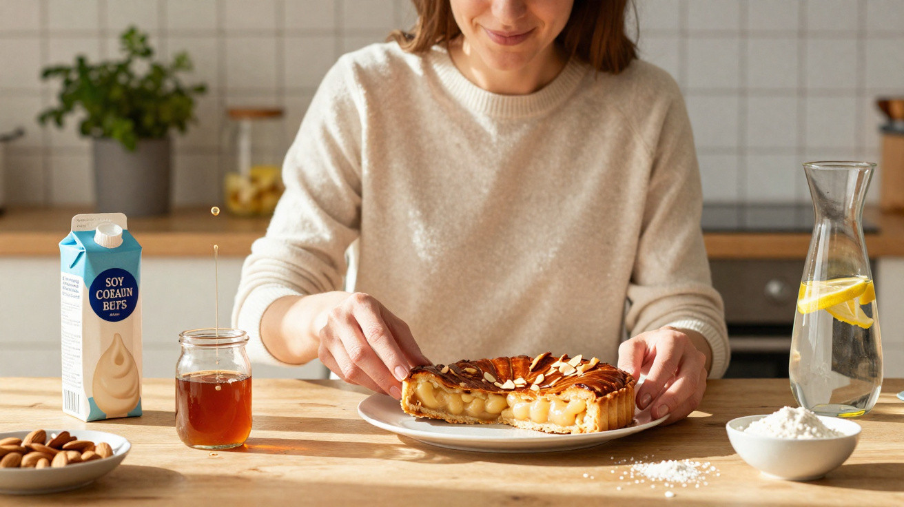 Frau schneidet Apfelkuchen in moderner Küche mit Zutaten wie Sojamilch, Honig, Mandeln und Zitronenwasser.