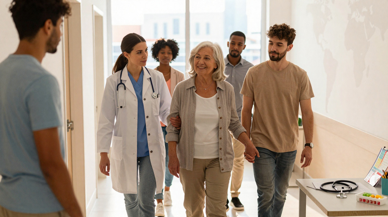 Ältere Frau wird von Ärztin und Begleitern in Klinikflur freundlich begleitet.