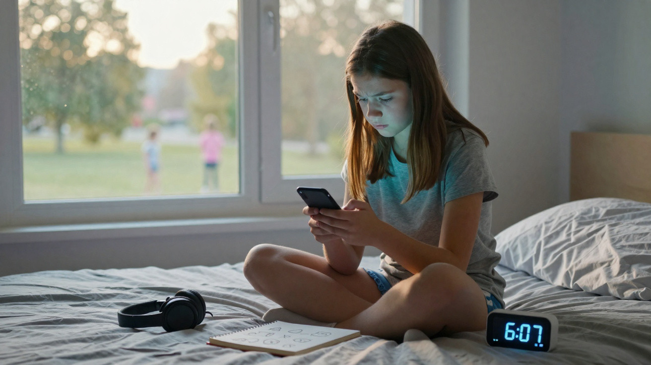 Mädchen sitzt auf dem Bett, schaut besorgt auf Smartphone, neben Wecker und Kopfhörern, Tageslicht durch Fenster.