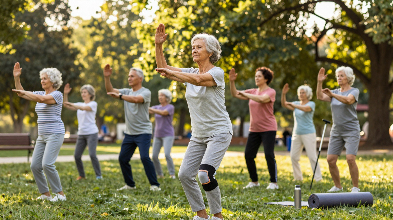 Senioren machen gemeinsam Tai Chi-Übungen im Park an einem sonnigen Tag.