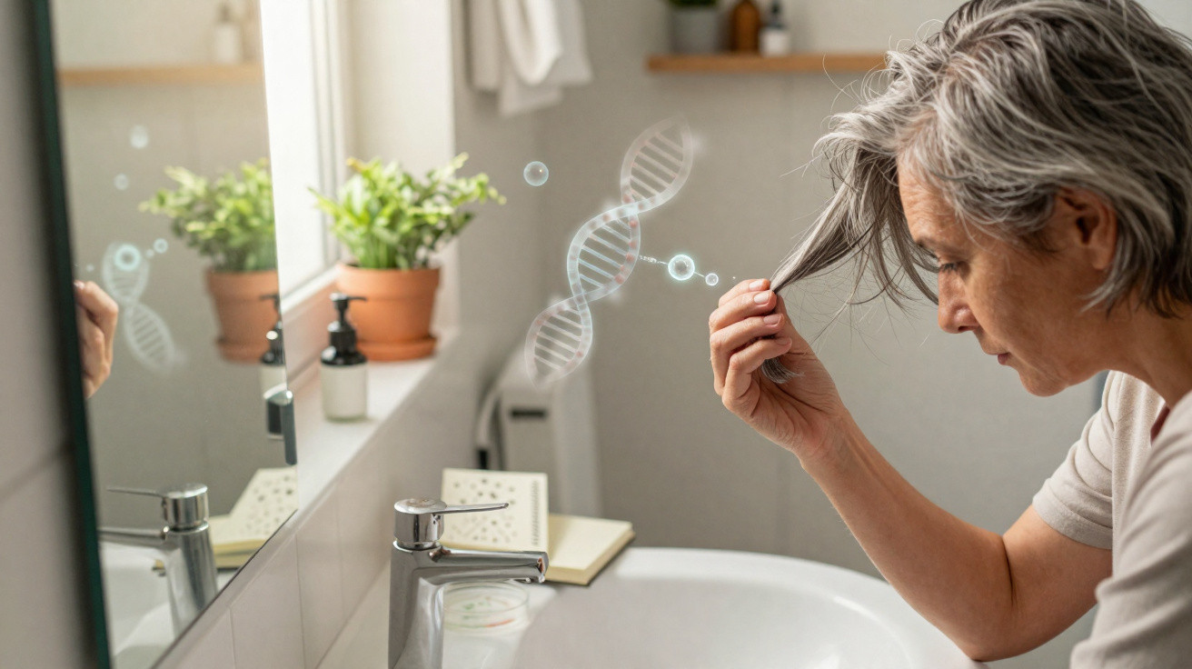 Ältere Frau betrachtet ihr graues Haar vor dem Badspiegel mit eingeblendeter DNA-Doppelhelix-Grafik.