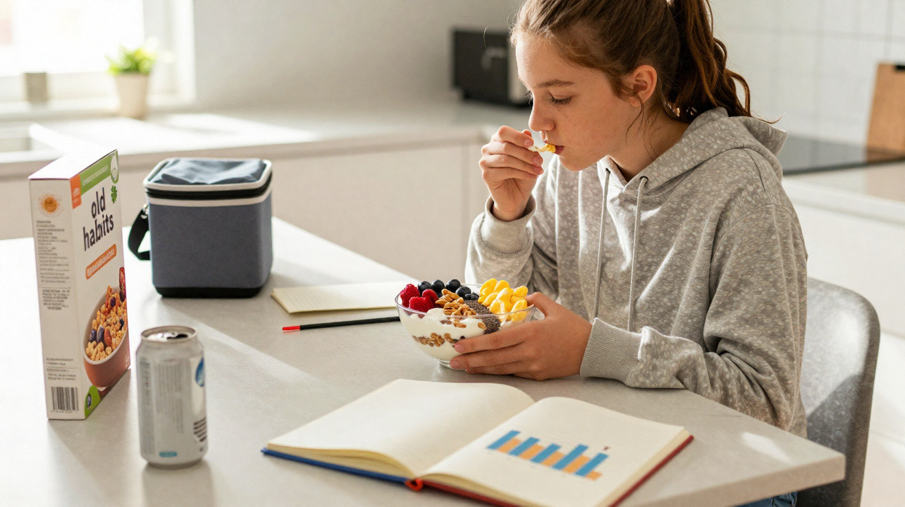 Mädchen isst Frühstück mit Müsli und Früchten am Tisch, neben Buch und Getränkedose.