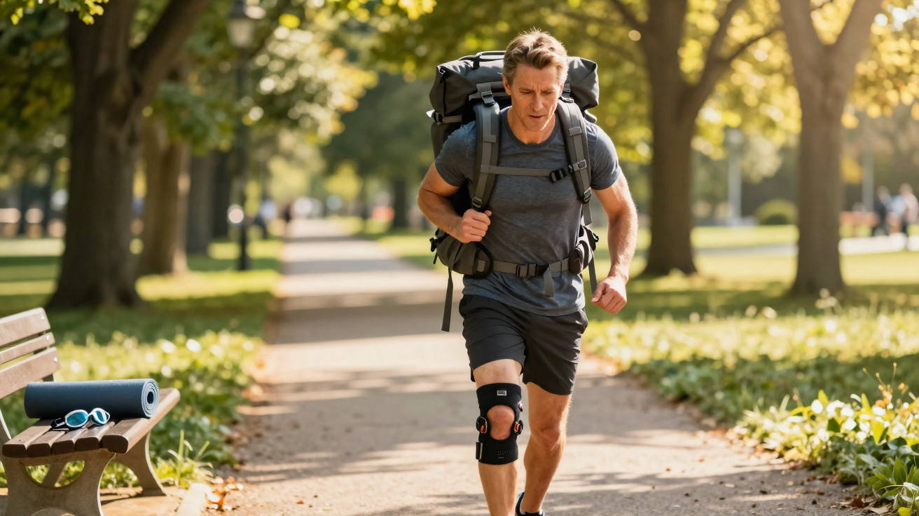 Mann mit Rucksack läuft im Park, trägt Kniebandage, neben Bank mit Yogamatte und Sonnenbrille.