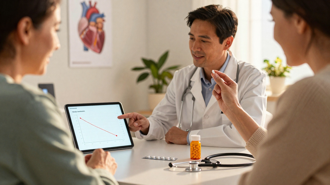 Arzt erklärt zwei Patientinnen mit Tabletten und Tablet mit Diagramm in heller Praxis.