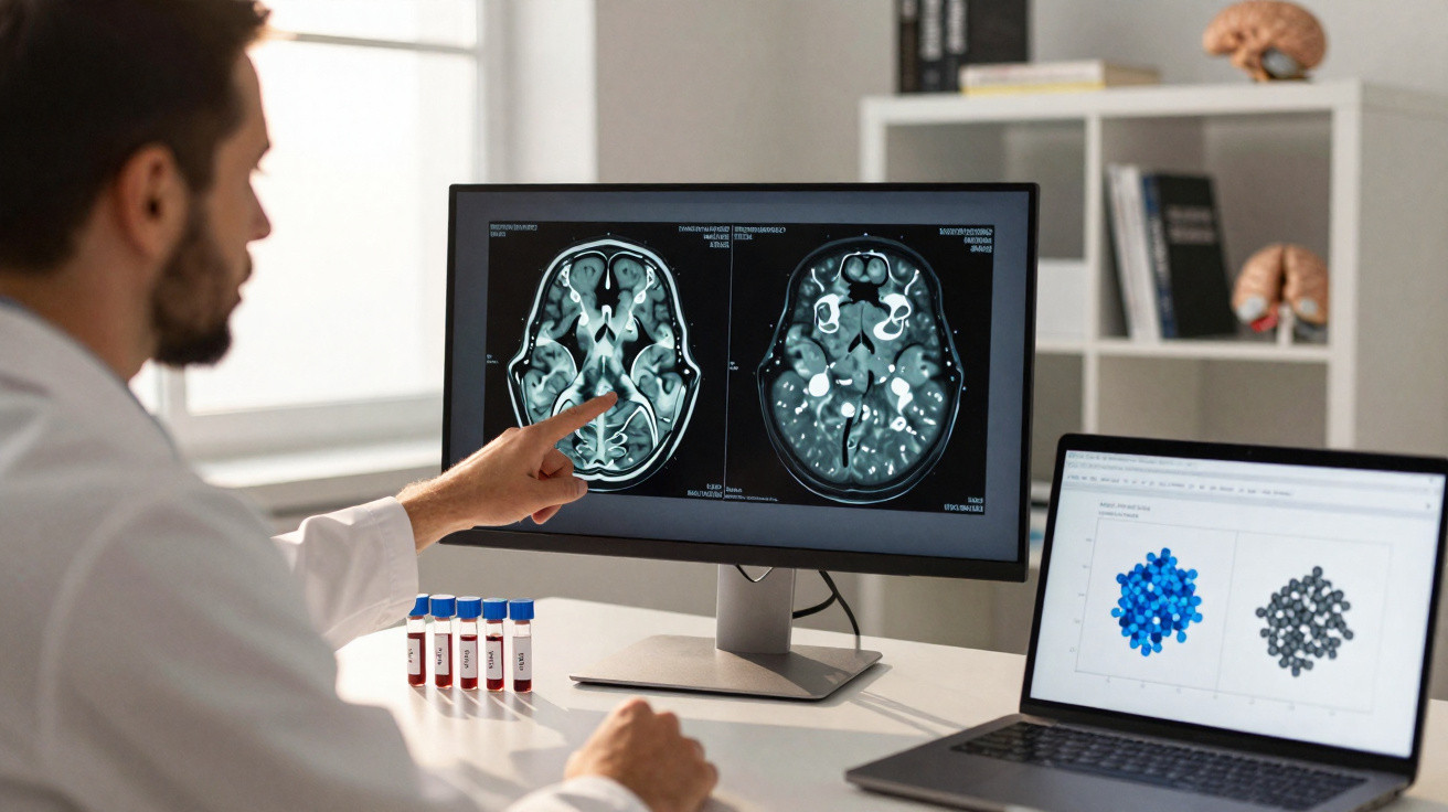 Arzt analysiert Hirnscans auf einem Monitor, daneben ein Laptop mit wissenschaftlichen Diagrammen.