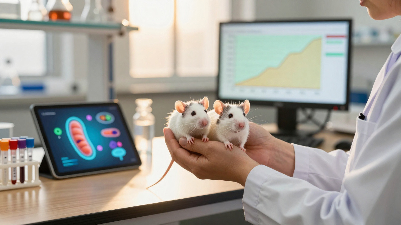 Laborant hält zwei weiße Laborratten vor Bildschirmen mit wissenschaftlichen Grafiken und Daten.