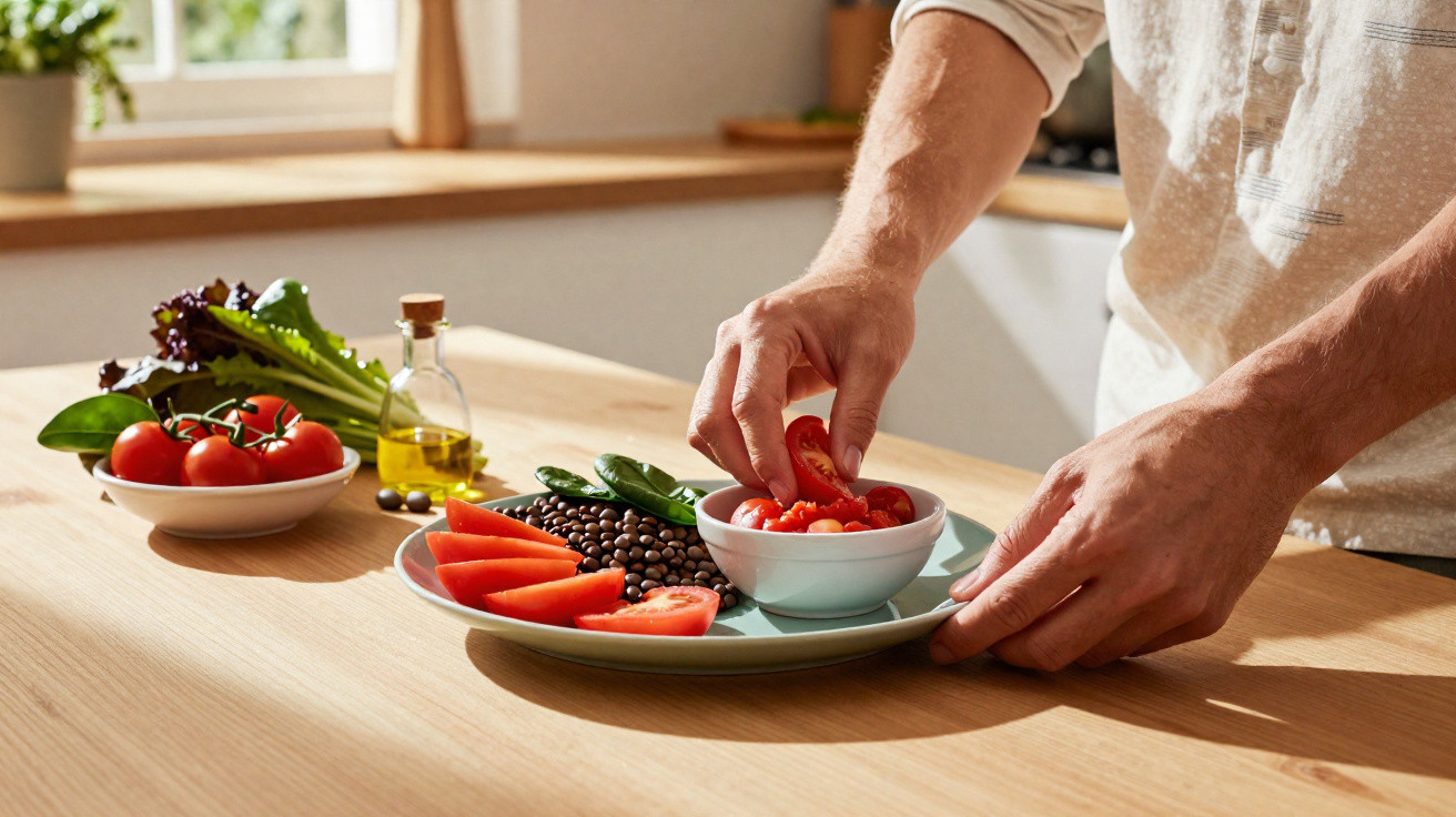 Hände legen geschnittene Tomaten in Schale, Teller mit Tomaten, Bohnen und Salat auf Tisch in heller Küche.
