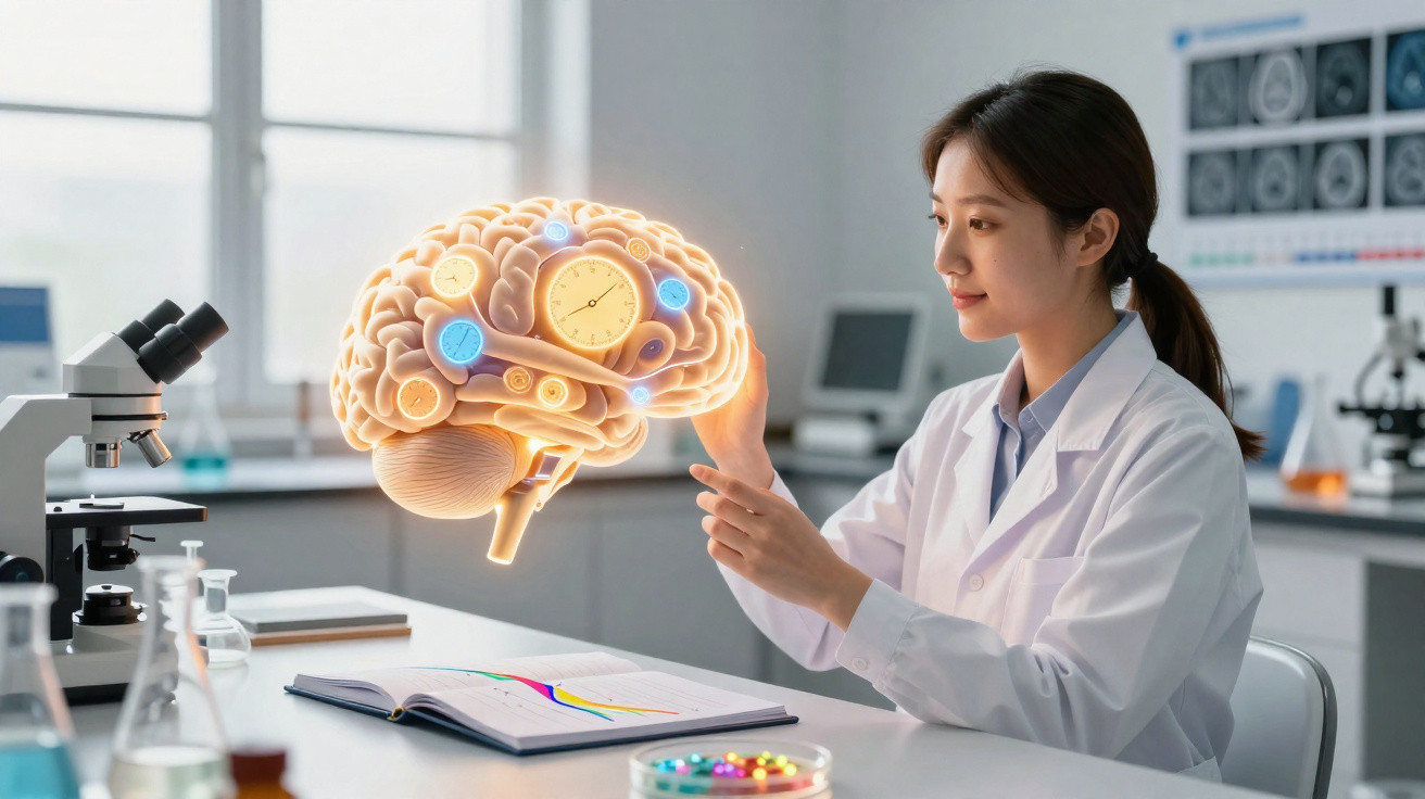 Wissenschaftlerin im Labor untersucht digitales 3D-Modell eines Gehirns mit Uhr und Symbolen.