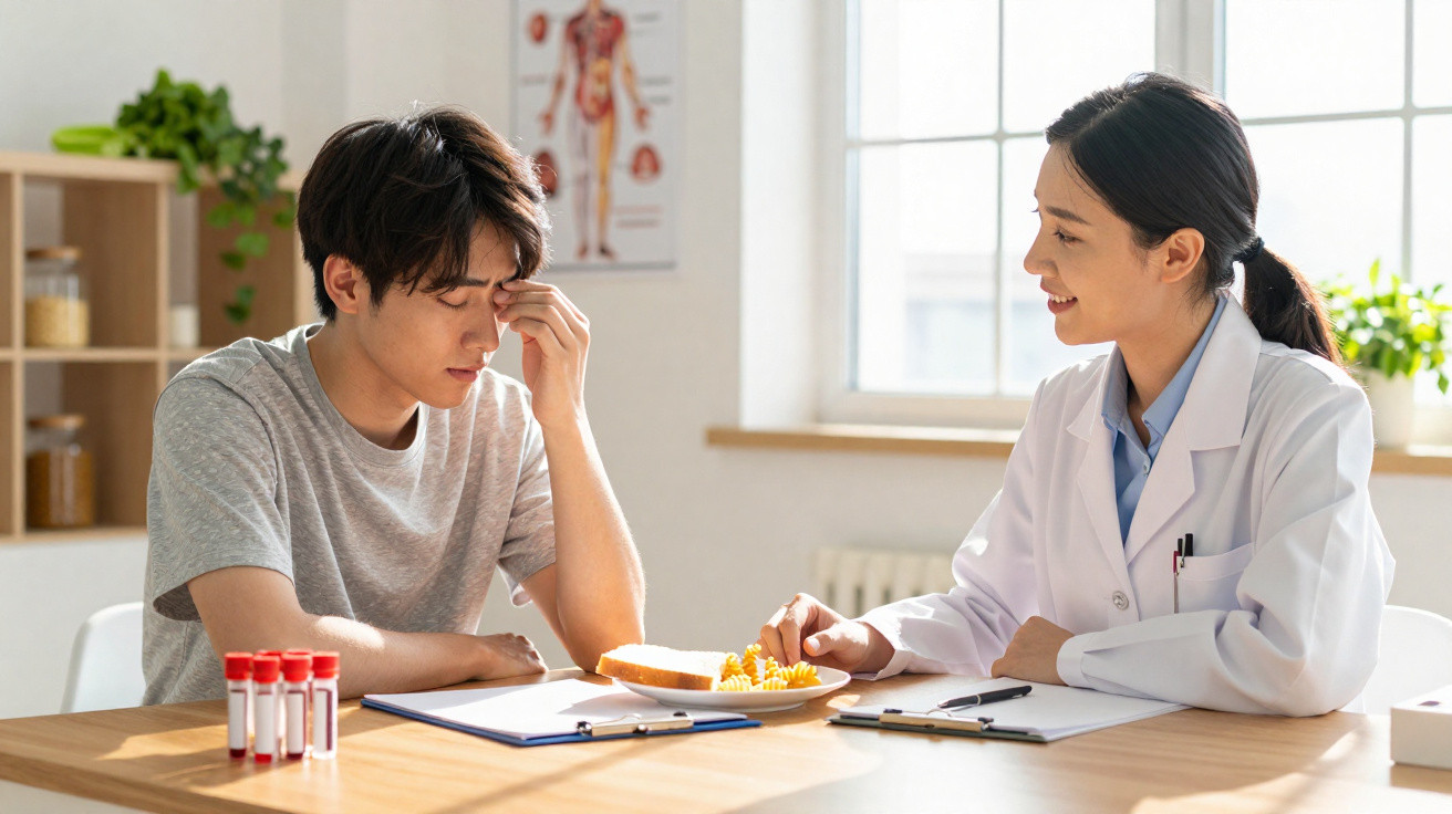 Arzt berät jungen Patienten mit Kopfschmerzen in heller Praxis, gesundes Essen auf dem Tisch.