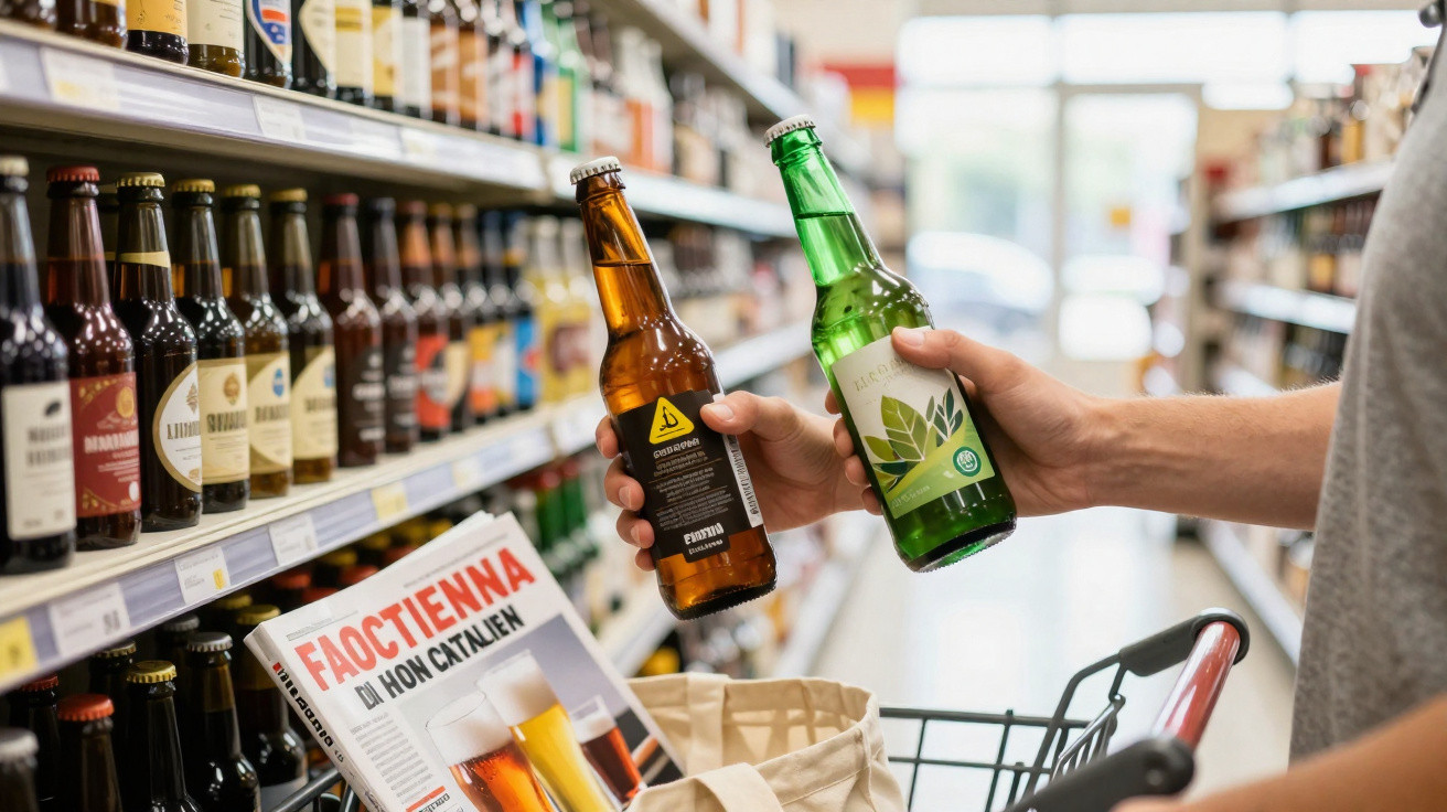 Person vergleicht zwei Bierflaschen im Supermarktgang mit gefülltem Einkaufswagen und Magazin.