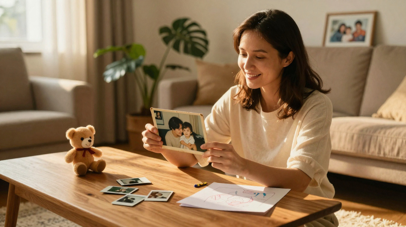 Frau sitzt am Tisch, betrachtet lächelnd Familienfoto, umgeben von Fotos, Zeichnung und Teddybär im Wohnzimmer.