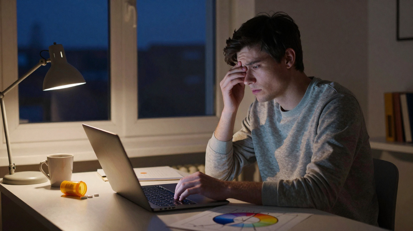 Junger Mann sitzt nachts am Schreibtisch, arbeitet am Laptop und hält sich gestresst die Stirn.