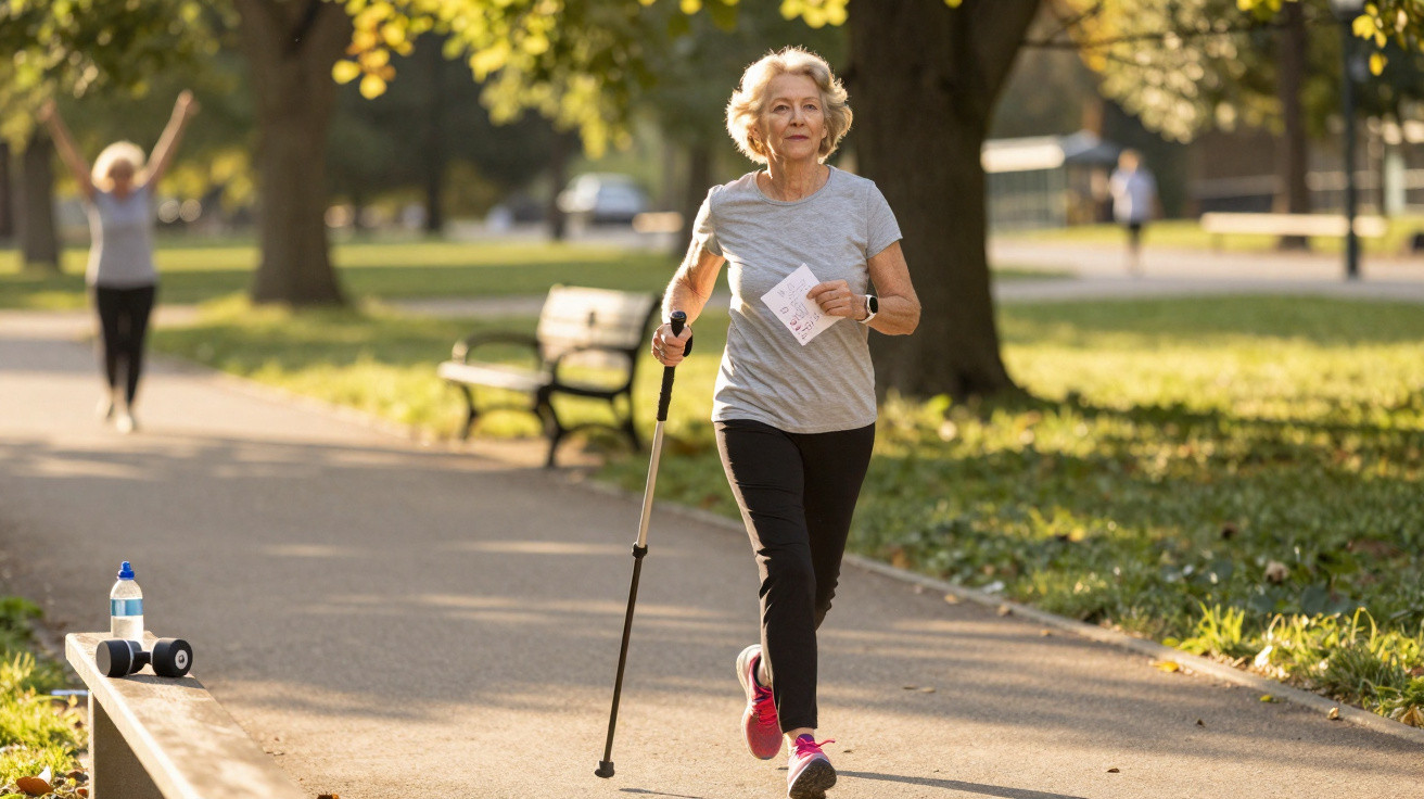 Ältere Frau joggt mit Nordic-Walking-Stick in einem sonnigen Park auf einem Weg entlang.