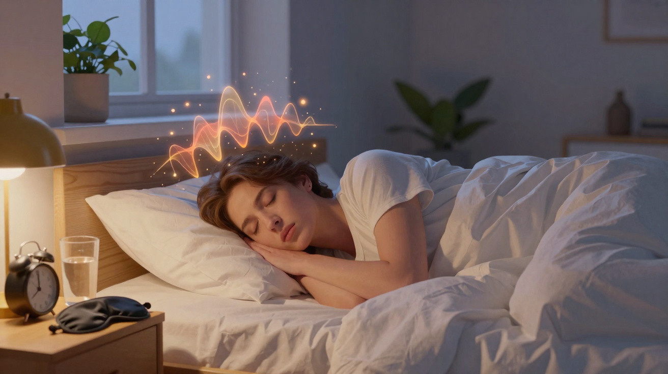 Frau schläft friedlich im Bett, mit visueller Grafik, die ihre Gehirnwellen über dem Kopf darstellt.