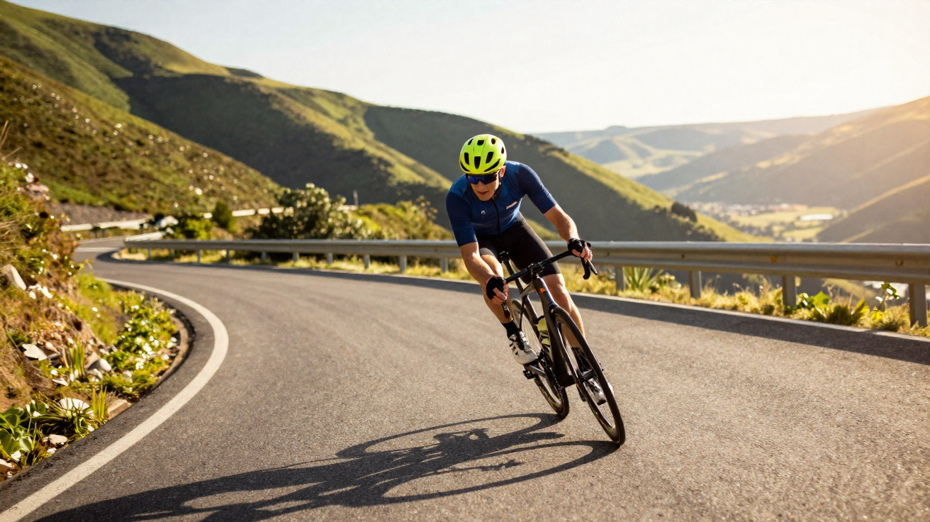 Radfahrer mit Helm fährt kurvige Bergstraße bei Sonnenschein in hügeliger Landschaft entlang