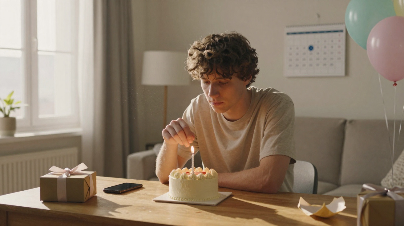 Junger Mann zündet einsame Geburtstagskerze auf Kuchen an, Geschenk und Ballons im Hintergrund.