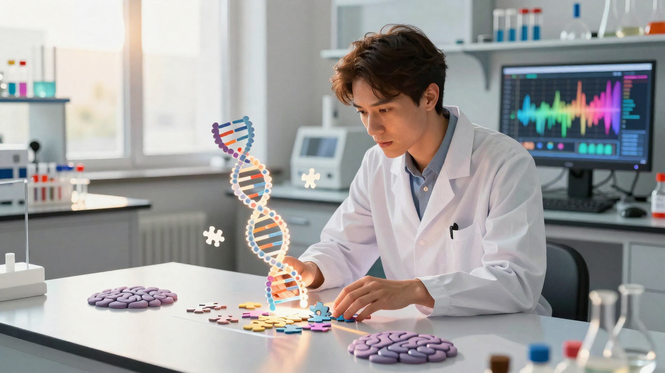Wissenschaftler im Labor arbeitet an einem DNA-Modell, Puzzleteile liegen auf dem Tisch verteilt.