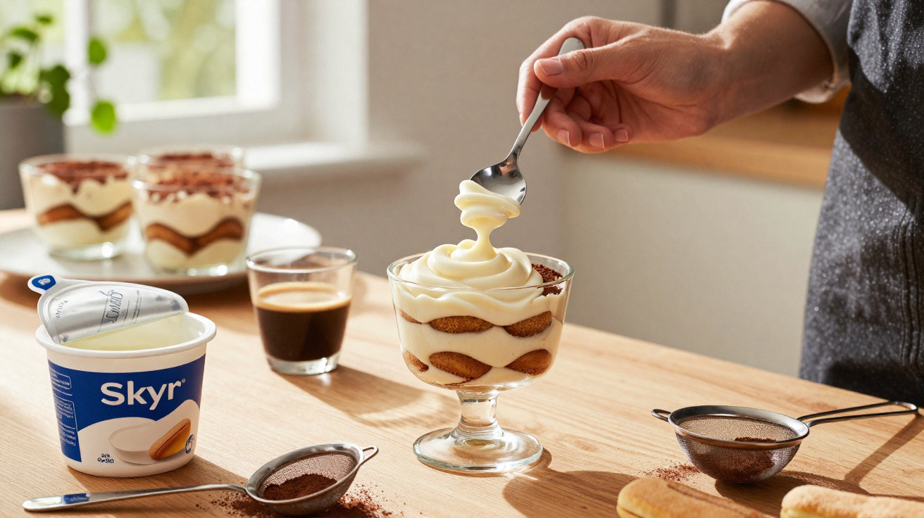 Hand löffelt cremige Mascarpone-Creme in Tiramisu-Glas mit Kaffee und Skyr auf Holztisch.