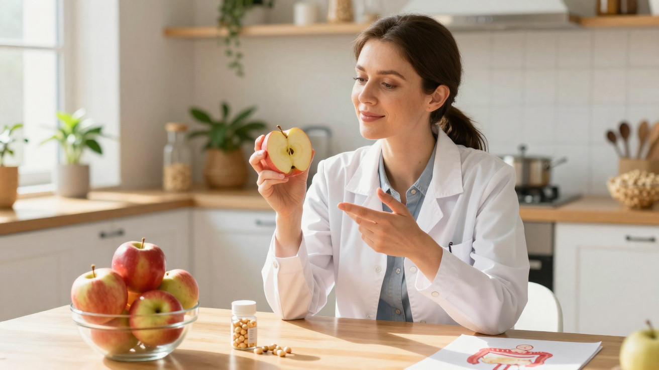Frau im Labor- oder Arztmantel zeigt halbierten Apfel und erklärt gesunde Ernährung in heller Küche.