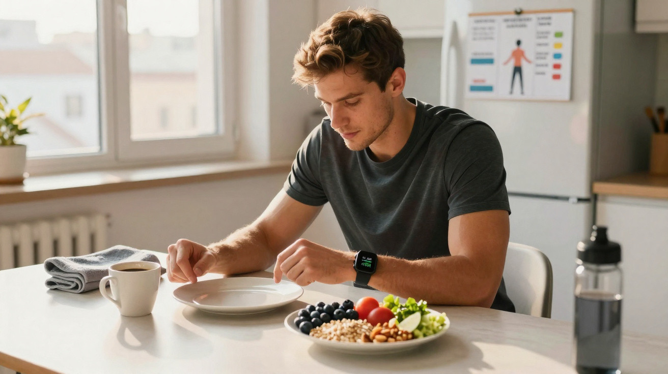 Junger Mann sitzt am Tisch mit leerem Teller und gesunder Mahlzeit aus Obst, Nüssen und Gemüse.