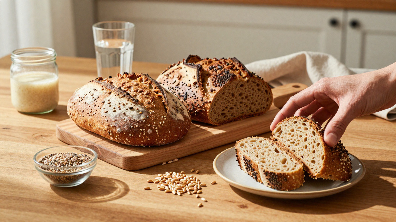 Zwei Laibe Körnerbrot, verschiedene Samen in Schalen, ein Glas Wasser und Hand mit Brotscheibe auf Teller.