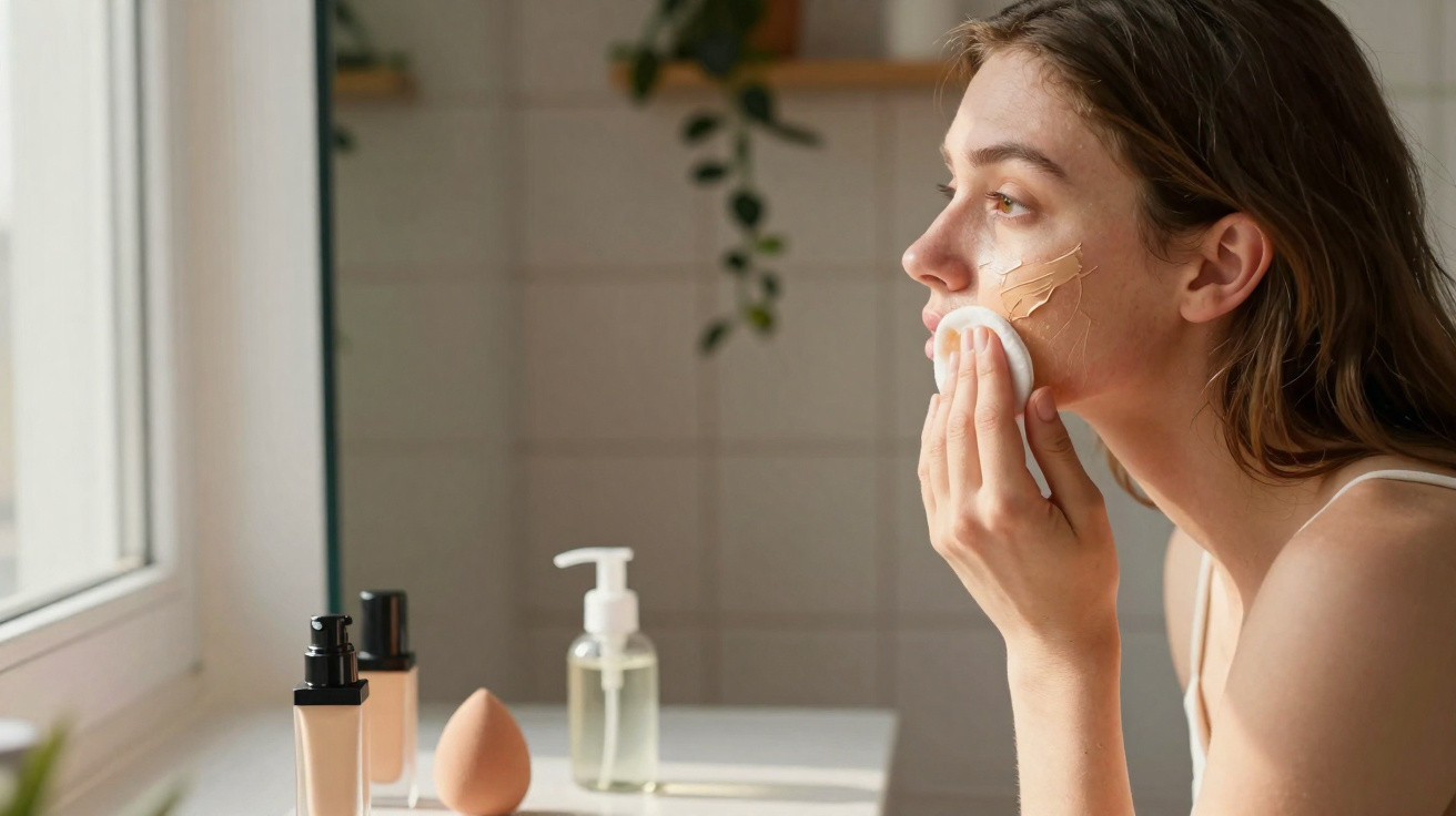 Frau entfernt Make-up mit Wattepad im Bad vor Fenster, Kosmetikprodukte auf Tisch sichtbar.