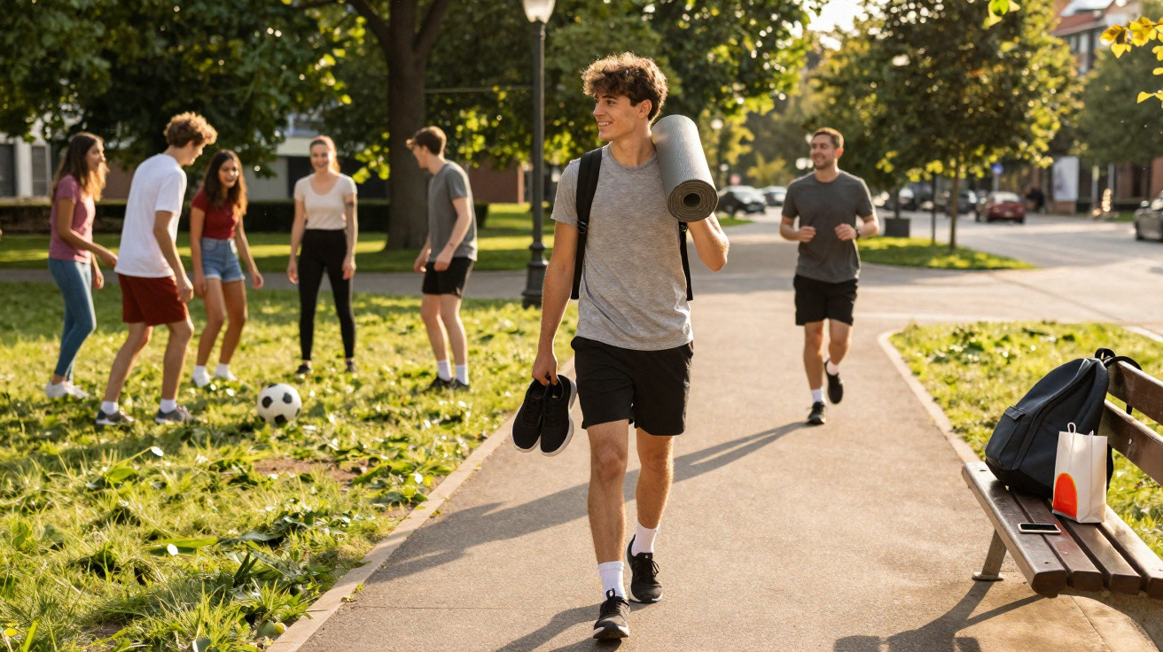 Junge mit Yogamatte und Schuhen spaziert im Park, im Hintergrund spielen andere Jugendliche Fußball.