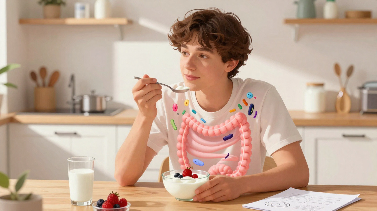 Junge isst Joghurt mit Beeren in der Küche, animierte Darstellung des Darms und Mikroorganismen überlagert.