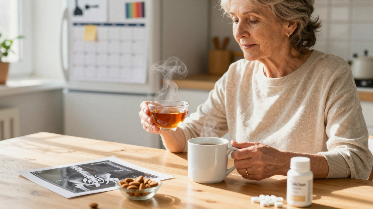 Ältere Frau sitzt am Tisch, hält eine Tasse Tee, vor ihr liegen Tabletten, Mandeln und ein Knochen-Scan.