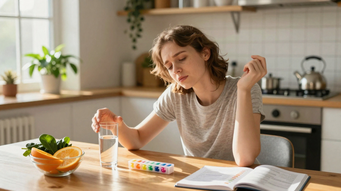 Junge Frau sitzt an Küchentisch mit Glas Wasser, Tablettenbox, Buch und Schüssel mit Orangenstücken.