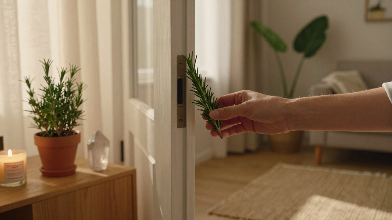 Hand hält einen Rosmarinzweig an einer Zimmertür, im Hintergrund Pflanze, Kerze und gemütliches Zimmer.