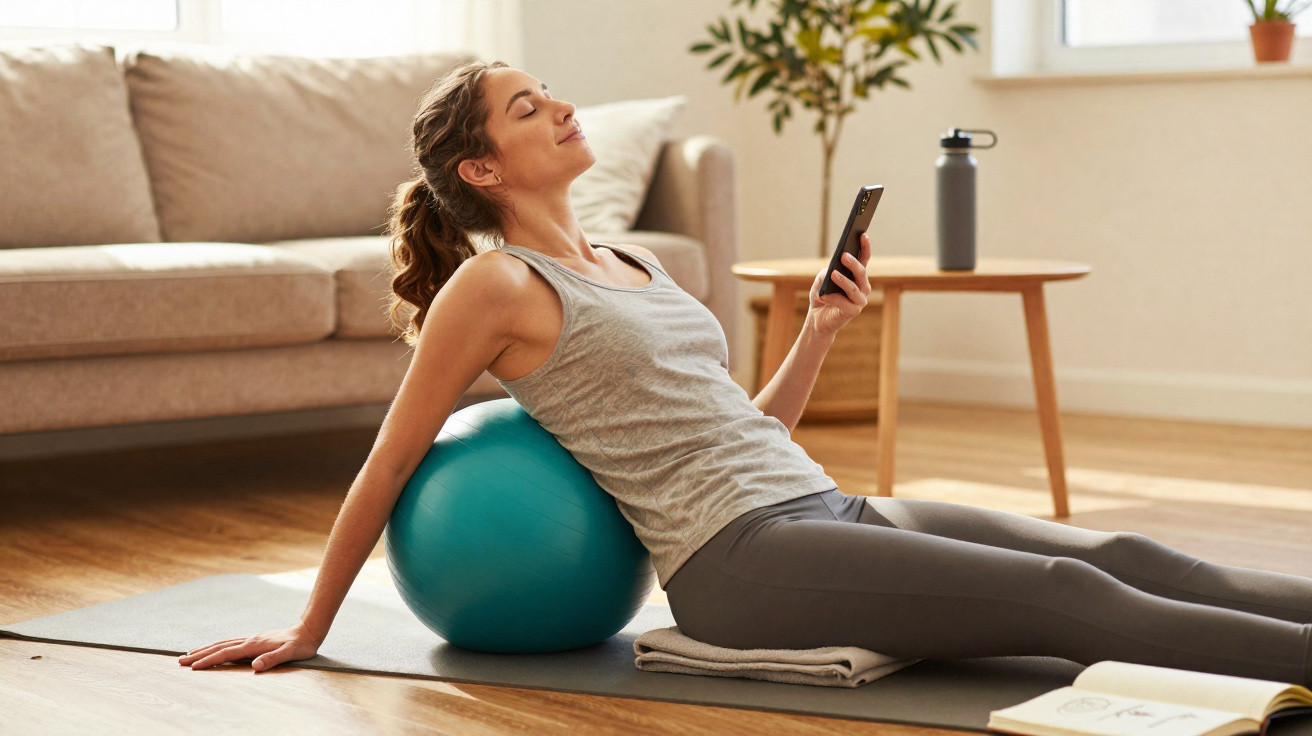 Frau entspannt mit Fitnessball auf Matte im Wohnzimmer und hält Smartphone in der Hand.