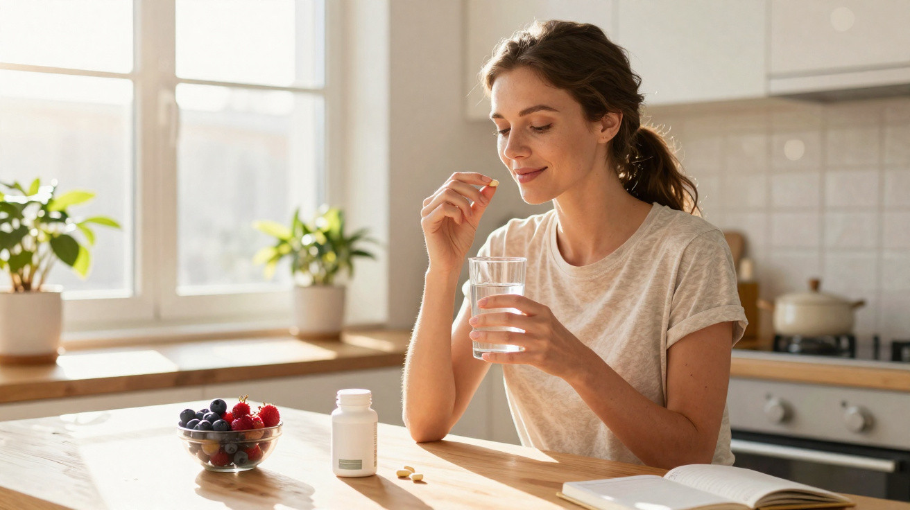 Frau nimmt Vitamintablette mit Glas Wasser am Küchentisch sitzend, frisches Obst auf Tisch.