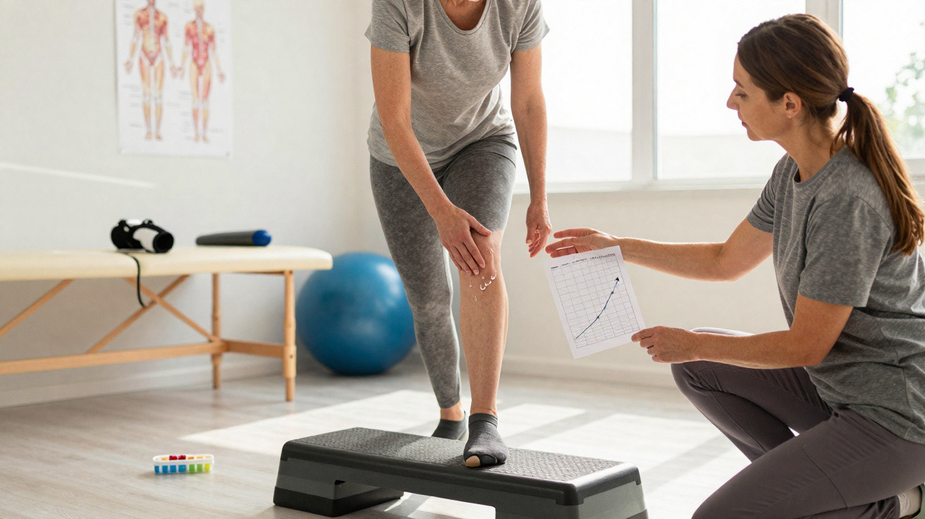 Physiotherapeutin zeigt Patientin mit Knieschmerzen Rehabilitationsfortschritt mittels Diagramm im hellen Behandlungsraum.