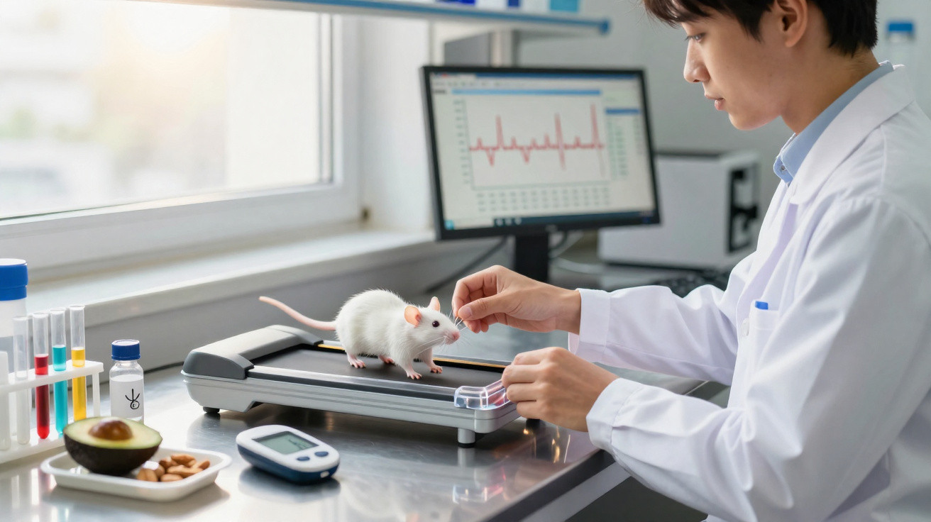 Wissenschaftler im Labor füttert Laborratte auf Laufband, im Hintergrund Monitor mit Herzfrequenzdaten.