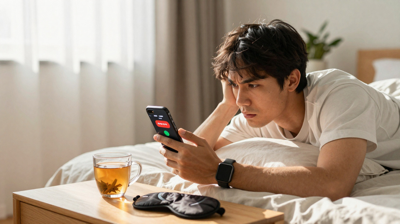Junger Mann liegt im Bett und schaut konzentriert auf sein Smartphone, neben ihm Tee und Schlafmaske auf Nachttisch.