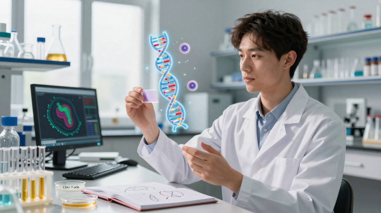 Junger Wissenschaftler im Labor untersucht DNA-Strang-Hologramm mit Virus-Darstellung.